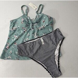 Floral and Striped Bikini Set